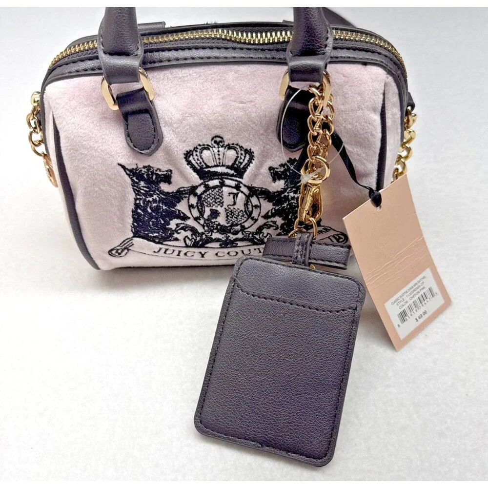 Juicy Couture Pink Velour Mini Satchel Scottie Dogs Crown Bag Charm Y2K Purse
